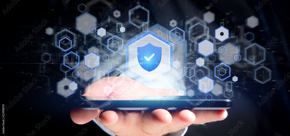 Poster man holding a shield web security concept 3d rendering