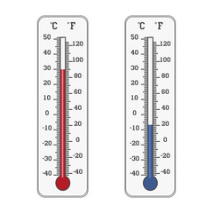 Thermometer icon. Celsius and Fahrenheit measuring hot and cold temperature