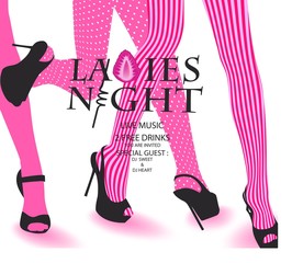 Ladies night party with girlses legs cocktail straw and strawberry. Vector illustration