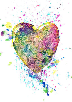 Colorful watercolor heart with splatters, strong texture.