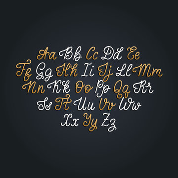 Vector hand lettering alphabet. Calligraphy monoline font letters on black background