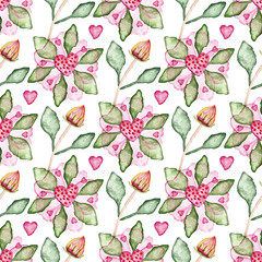 Seamless pattern with hibiscus flowers, buds, leaves, hearts.