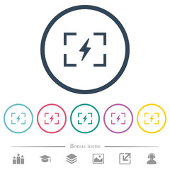 Camera flash mode flat color icons in round outlines