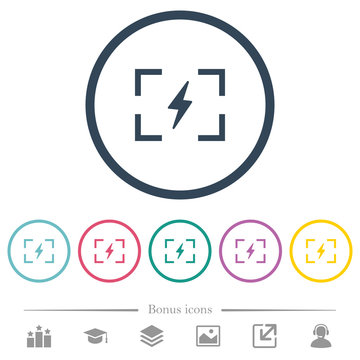 Camera flash mode flat color icons in round outlines