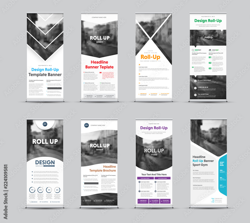 Poster set of vector templates of white roll-up banners with place for photo.
