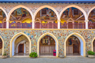 Arcade with golden mosaics in monastery