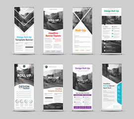 Set of vector templates of white roll-up banners with place for photo.