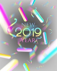New year 2019 abstract background with levitating holographic design objects. Vector illustration