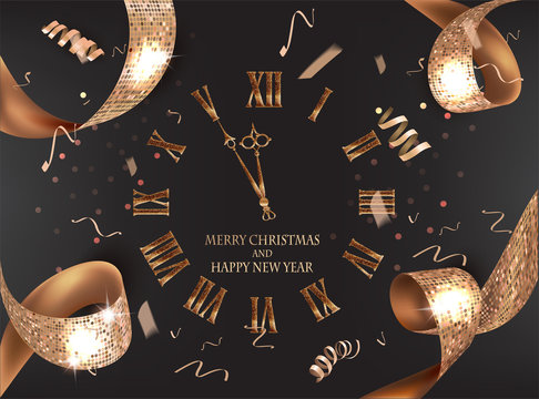 New year banner with golden textured ribbon and watch. Vector illustration