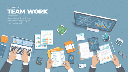 Business meeting and brainstorming. Office team work concept. Analysis, planning, consulting, project management. Businessmen working together with documents, graphs, chart on the table. Vector 
