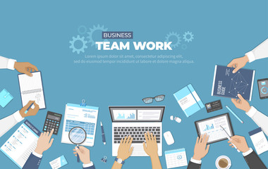 Business meeting and brainstorming. Office team work concept. Analysis, planning, consulting, project management. Businessman working together with documents, laptop, tablet, graphs, chart. Vector 