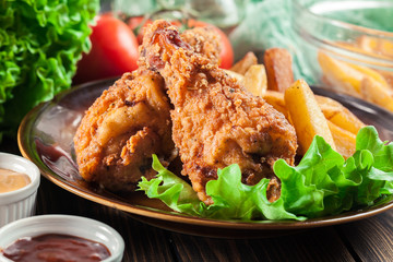 Crispy fried kentucky chicken legs with french fries