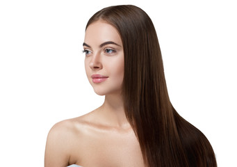 Obraz premium Woman with beautiful long hair isolated on white healthy and shine hairstyle
