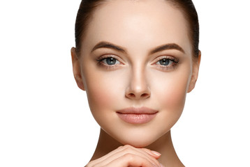 Beautiful face woman closeup isolated on white healthy skin