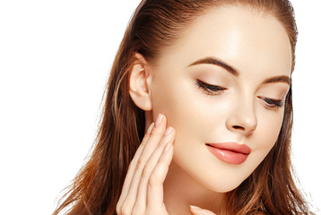 Obraz premium Beautiful face woman closeup isolated on white healthy skin