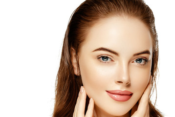 Fototapeta premium Beautiful face woman closeup isolated on white healthy skin