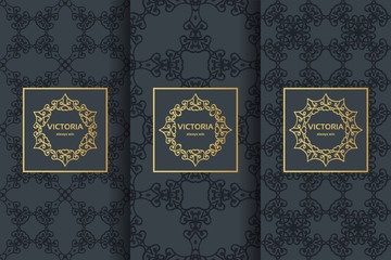 Collection of black backgrounds and golden elements. Set of labels, icons and seamless patterns. Templates with luxury foil for packaging