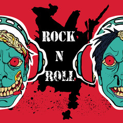 Grunge texture background , text  Rock n Roll. Head of zombie in headphone. Stylish hand drawn vector illustration.
