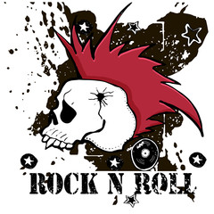 Grunge texture background , text Rock n Roll. Skull and bones. Punk rock character vector illustration.