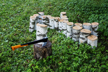 The ax of the cleaver stuck into the log, stands on the green grass, behind the birch logs. Logs in the shade of a tree.