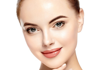 Obraz premium Beautiful face woman close up with healthy skin isolated on white