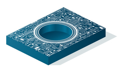 Blue computer circuit board. Isometric vector illustration isolated on white background.