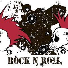 Grunge texture background , text Rock n Roll. Skull and bones. Punk rock character vector illustration.