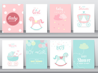 Fototapeta na wymiar Set of baby shower invitation cards,birthday cards,poster,template,greeting cards,cute,kawaii,Rocking Horse,Vector illustrations
