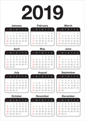 Year 2019 calendar vector design template