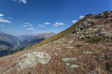Bright yellow and red autumn in the mountains. Kavkaz. Dombay.