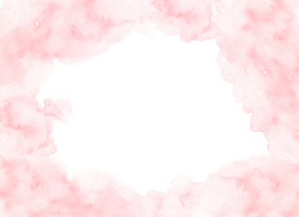 Hand painted pink watercolor border texture with soft edges isolated on the white background. Backdrop frame usable for cards and wedding invitations design in loose style.