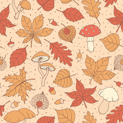 Vector autumn seamless pattern with oak, poplar, beech, maple, aspen and horse chestnut leaves, mushrooms, acorns and physalis brown outline on the beige dotted background. Fall ornament
