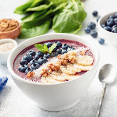 Acai Blueberry Superfood Smoothie Bowl. Closeup view, square crop