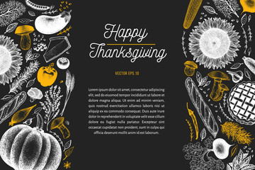 Happy Thanksgiving Day design template. Vector hand drawn illustrations. Greeting Thanksgiving card in retro style. Backdrop with harvest, vegetables, pastry, bakery. Autumn background.