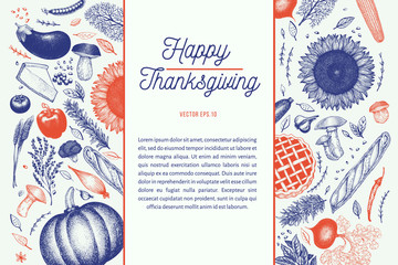 Happy Thanksgiving Day design template. Vector hand drawn illustrations. Greeting Thanksgiving card in retro style. Frame with harvest, vegetables, pastry, bakery. Autumn background.