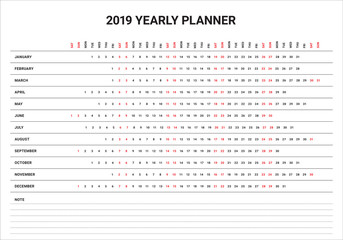 Year 2019 calendar vector design template