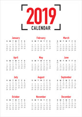 Year 2019 calendar vector design template