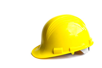 Plastic safety helmet yellow color isolated on white background , objects copy space