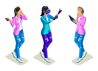 Isometric young people, teenagers, cool girls, generation Z, hand gesture using gas, virtual games, social networking