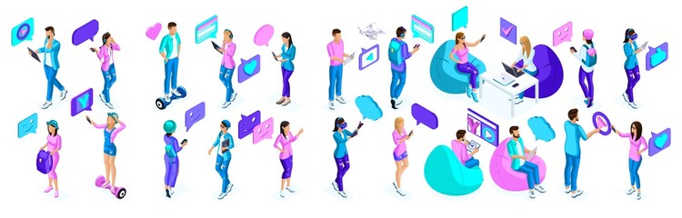 Isometric teenagers, use gadgets, phones, generation Z, bright colors concept. A large set of holographic people