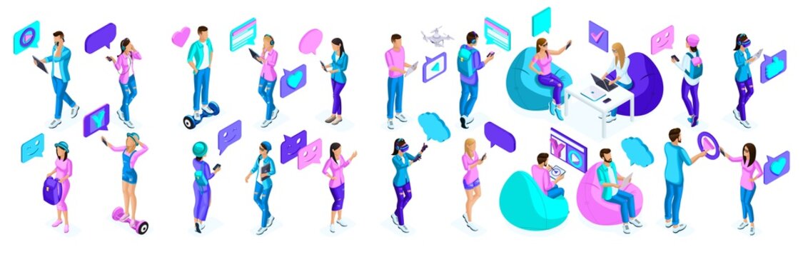 Isometric Teenagers, Use Gadgets, Phones, Generation Z, Bright Colors Concept. A Large Set Of Holographic People