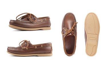 Men's brown moccasins, loafers isolated white background. Side view, top view and sole.