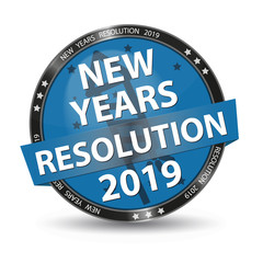 Blue Glossy Button New Years Resolution 2019 With Firecracker And Stars - Vector Illustration - Isolated On White Background