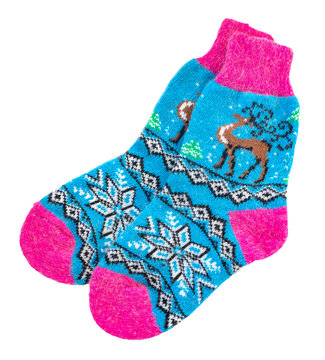 Knitted Christmas Socks With Pattern. Women's Warm Socks Isolated On White Background.