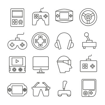 video games icons set in thin line style