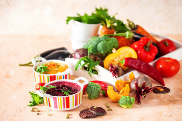 Concept of healthy vegetable and legume soups.