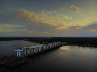 The aerial view of watergate and river in the evening.