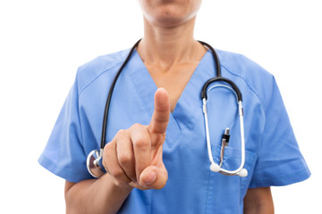 Closeup of female nurse hand touching invisible digital screen.