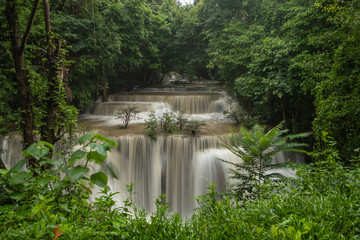 Huai Mae Khamin waterfall in the rainy season with turbid water