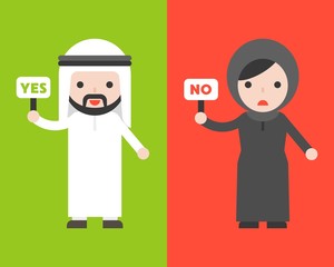 Cute Arab businessman and muslim woman holding yes or no sign board , business situation choosing or making decistion concept